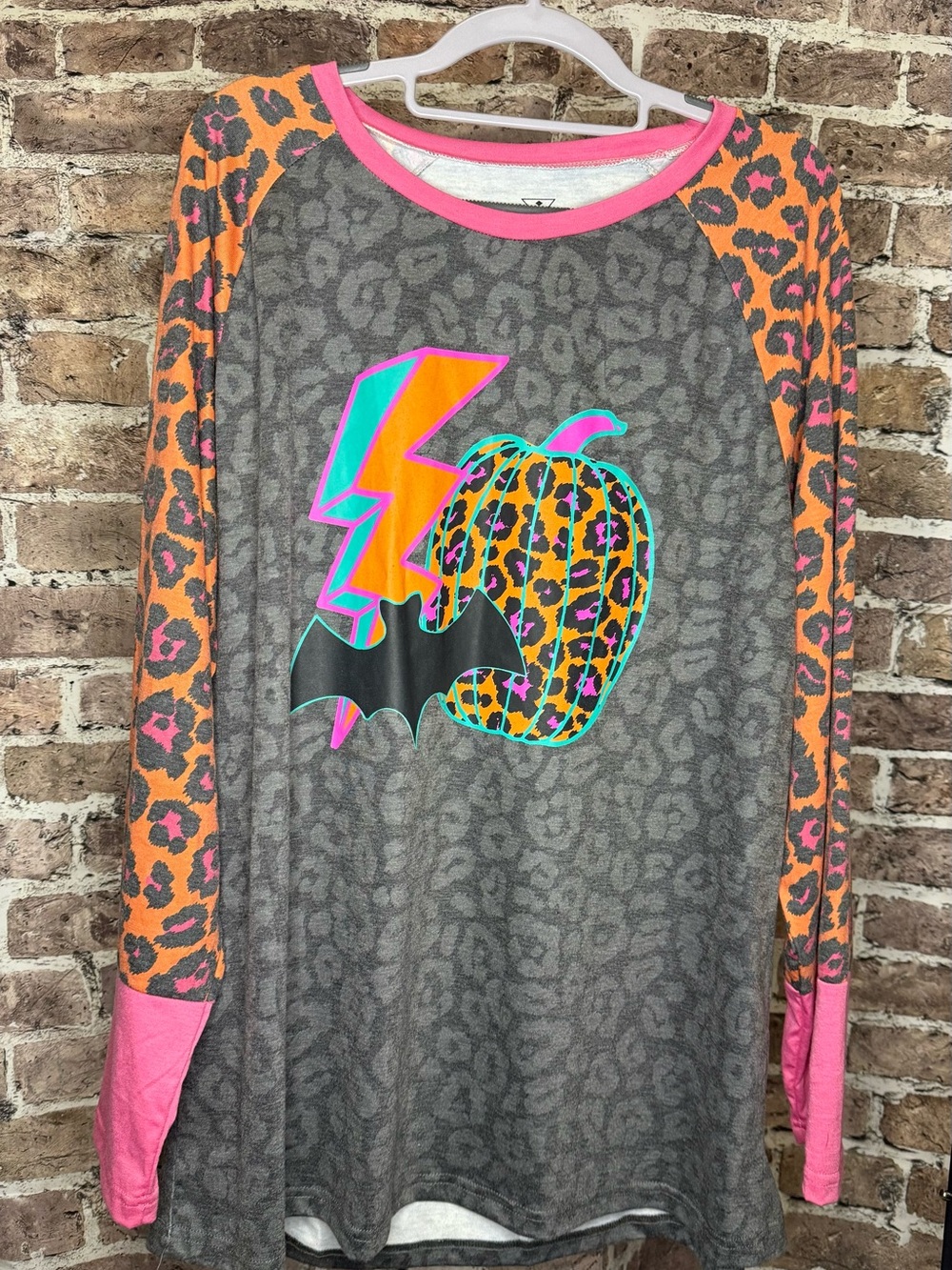 Crazy Train Gray Long-Sleeve Top with Neon Pumpkin & Leopard Sleeves